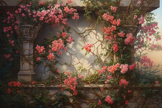 beautiful background wallpaper of ancient old castle wall with pink flower vine grow on it, Generative Ai