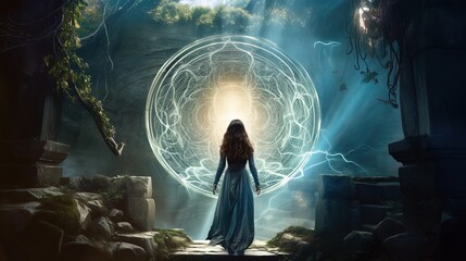 a woman walking to ancient technology magic light portal, Generative Ai