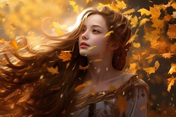 Fototapeta na wymiar pretty woman waling in autumn forest, long hair with leaves in wind blow, Generative Ai