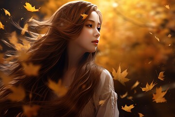 pretty woman waling in autumn forest, long hair with leaves in wind blow, Generative Ai