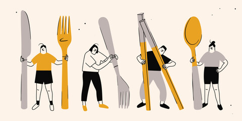 Small people with giant kitchen Utensils. Person holding fork, knife, spoon, chopsticks. Cute isolated characters. Cartoon style. Hand drawn Vector illustration. Food service, restaurant concept - 634062857