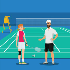 Badminton coach trainer , training or talking to his player. Young woman girl badminton player learn badminton on the field.