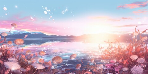 illustration of beautiful pink flower foreground with lake view landscape, Generative Ai