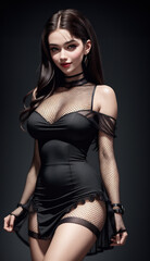 Asian woman in black dress on dark background