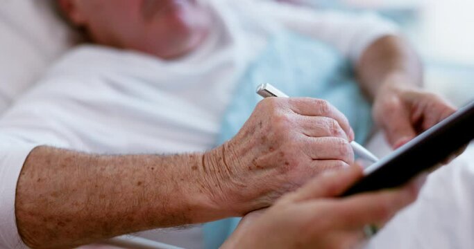 Hands, hospital bed or man with contract to sign on application or document for will or life insurance papers. Medical, closeup or patient with signature for paperwork, form or healthcare agreement