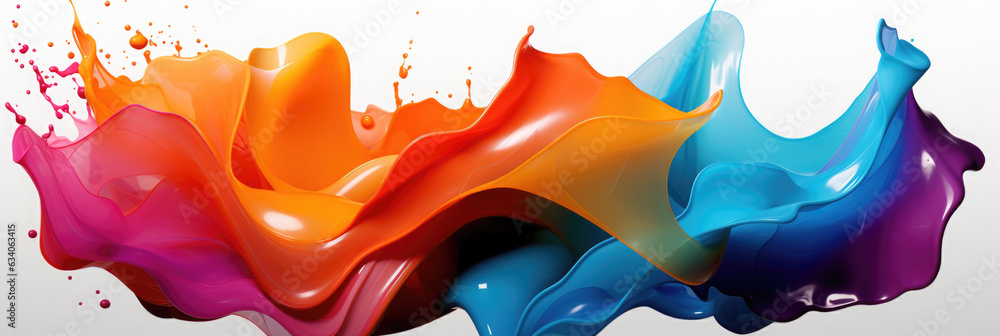 Poster a group of different colored liquids splashing on top of each other. rainbow wave on white backgroun