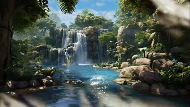 Beautiful Nature Landscape Waterfall In The Jungle With Butterfly. Seamless Looping Time-lapse Virtual 4k Video Animation Background.