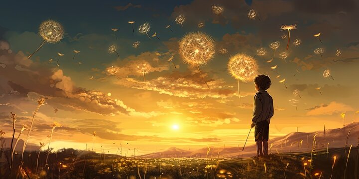 painting style illustration, silhouette shadow of a man standing in front of big dandelion seed globe released flying seed to the sky, Generative Ai
