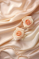 Decorative and luxurious volumetric composition of undulating silk with flower and pearls. AI generated