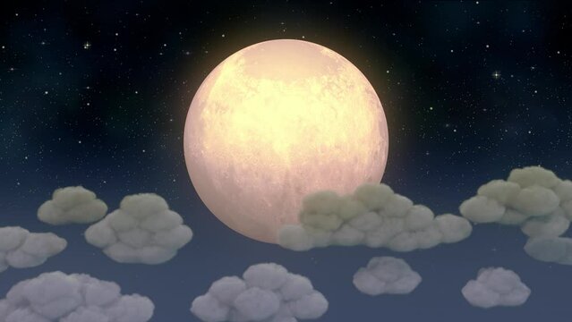 Background of spooky full moon with side-scrolling gray clouds in a seamless loop. Flying through clouds at night.