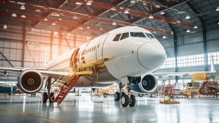 Passenger aircraft on maintenance of engine and fuselage repair in airport hangar.