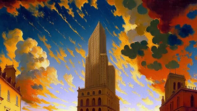 A painting of a tall building with