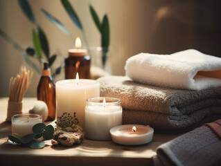 Fototapeta na wymiar A soothing, abstract flat lay of a spa setup, scented candles, essential oils, face mask, and towels, Zen - like ambiance, soft, diffused light