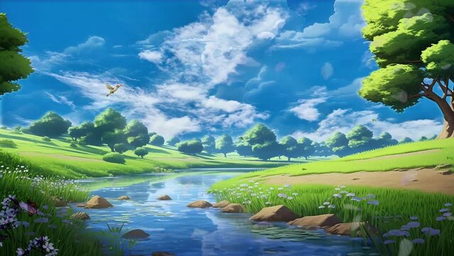 Beautiful sky nature pond fantasy landscape with animation cartoon style video art design