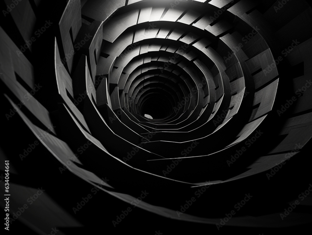 Poster an abstract portrayal of fear, fragmented geometric shapes spiraling out of a dark core, stark contr