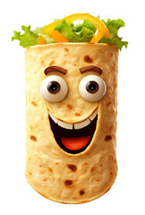 Cartoon burrito fast food character. Kawaii spring roll, shawarma or doner kebab funny personage.