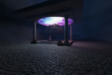 3d render, the lost world the ancient time portal. Landscape mystic ambiance. 