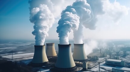 The thermal power plants, Emission of power, Working thermal power station generating visible smoke.