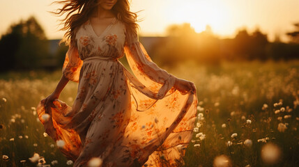 Bohemian fashion, a young woman in a flowy, floral maxi dress, long loose hair with flowers, barefoot in a sunny meadow - obrazy, fototapety, plakaty