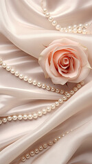 Decorative and luxurious volumetric composition of undulating silk with flower and pearls. AI generated