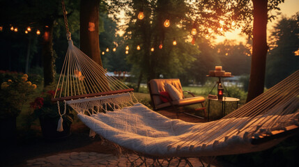 Bohemian outdoor space, hammock hanging among the trees, string lights, an open book on a wooden stool, serene and peaceful
