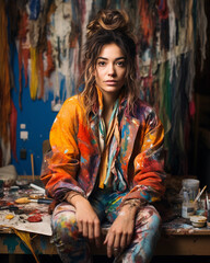 Bohemian style female artist in her studio, abstract, vibrant paint smears on face, hands, clothes,...