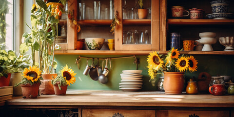 Fototapeta na wymiar Bohemian style kitchen, rustic wooden furniture, open shelving with colorful dishes, copper pots, sunflowers in a vase, warm and inviting