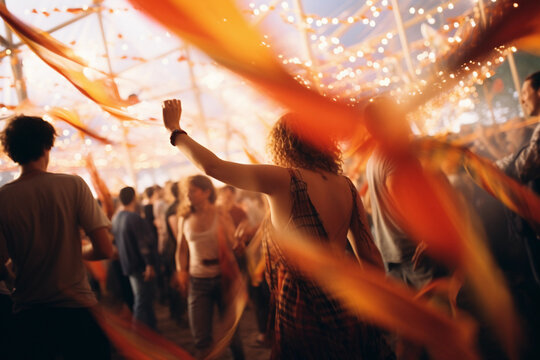 Bohemian festival, abstract, crowd of dancing people, warm colors, hand - painted banners, shot from stage perspective, motion blur
