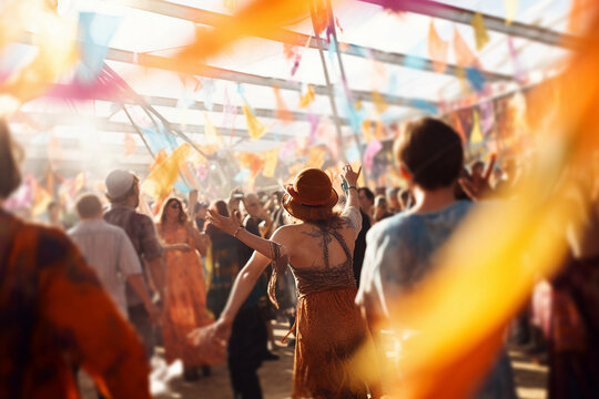 Bohemian festival, abstract, crowd of dancing people, warm colors, hand - painted banners, shot from stage perspective, motion blur