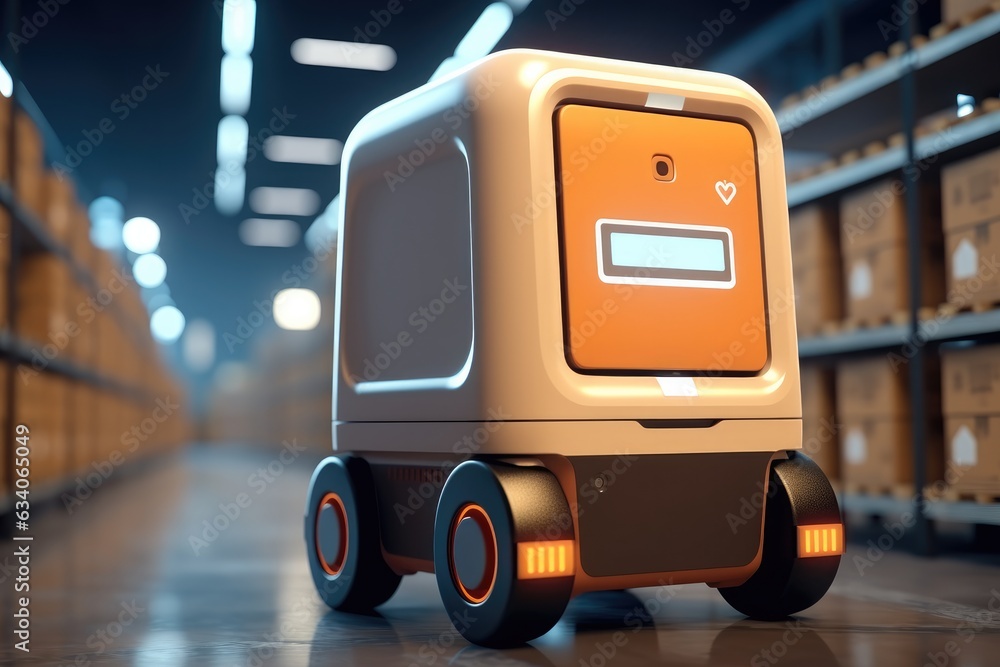 Aufkleber automated robot delivers an order box in smart automated warehouse, concept smart warehouse technolo