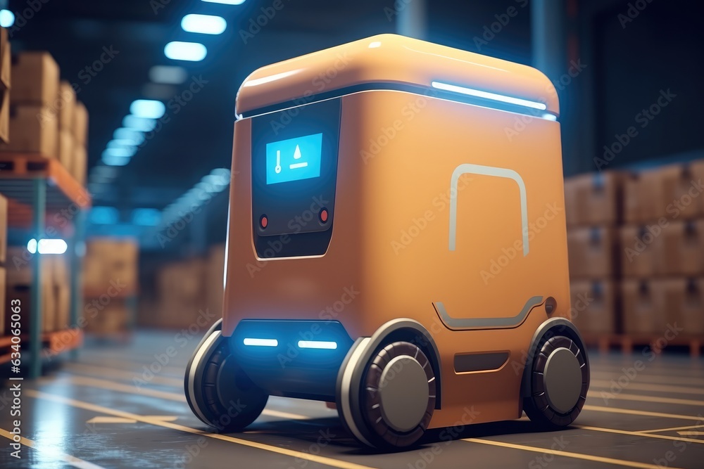 Aufkleber Automated robot delivers an order box in smart automated warehouse, Concept smart warehouse technology.