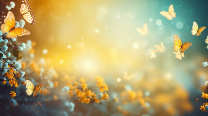 butterflies fly over a flower field in the sun. Generative Ai. 