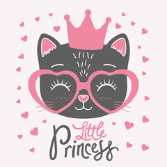 Cute black cat face with crown, pink heart glasses. Little Princess slogan