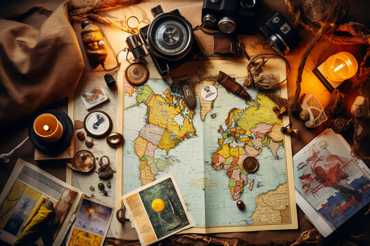 Eclectic traveler's flat lay, vintage map, compass, binoculars, leather notebook, colorful postcards, spread out in abstract, playful chaos