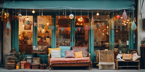 Vintage shopfront, bohemian decor, with a mix of retro furniture, fairy lights, and colorful textiles, bustling street, vibrant
