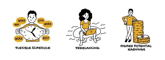 Vector of young people working from home with flexible hours and earning money