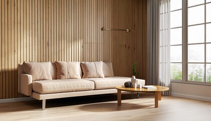 Beige corner sofa against of wooden paneling wall. Color matching table. Minimalist interior design of modern living room. Created with generative AI