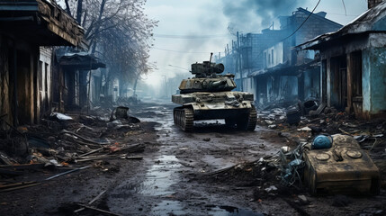 Fototapeta premium old abandoned city after war with tank 