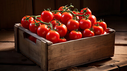 Fresh organic tomatos tomatoes with green in the wooden basket. Fruits vegetables market table of farmer