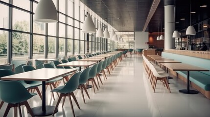 Modern interior of cafeteria or canteen with many chairs and tables, large windows.