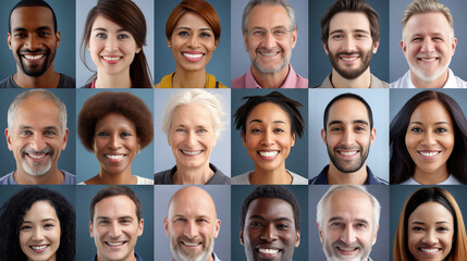 Portraits of a lot of happy people. Headshots collage mosaic collection with smiling faces from different multicultural nations. Human resources workers database