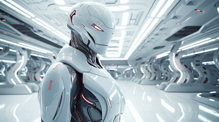 Futuristic cyborg robot head in white scifi robotic environment full of electronics