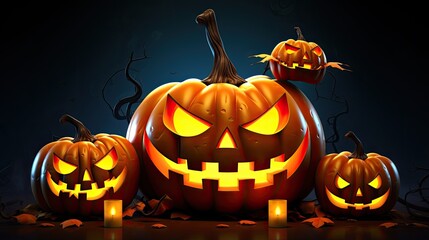 Halloween pumpkins with cut glowing smiles on dark creepy background. AI Generated.