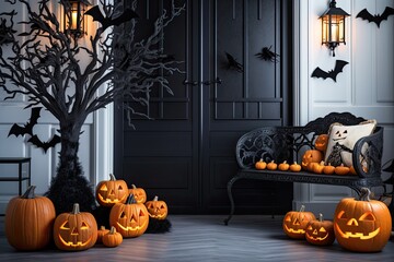 Obraz premium Halloween room decor with carved pumpkins and bats. AI Generated.