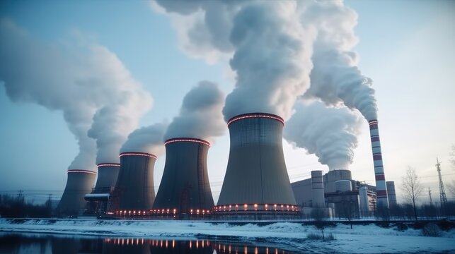 Nuclear power plant, Active thermal power station with smoke.
