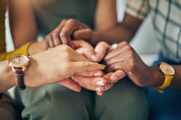 Holding hands, circle and support, trust and prayer, solidarity and hope, empathy or care of community in religion. Comfort, worship and group of people in therapy, counselling and psychology meeting - obrazy, fototapety, plakaty