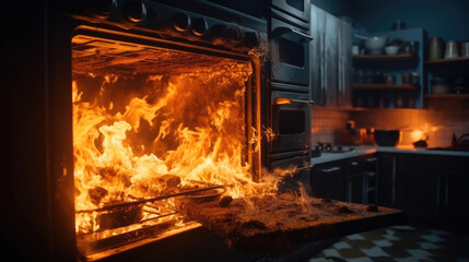The oven caught fire in the kitchen during cooking, smoke and soot around, Kitchen fire accident.
