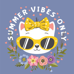 Summer Vibes Only slogan text with cat girl face, sunglasses, flowers on dark background for t-shirt graphics, fashion prints, posters and other uses