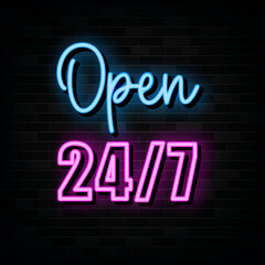 Fototapeta na wymiar Open 24 hours Neon Signs Vector Design Template Neon Style