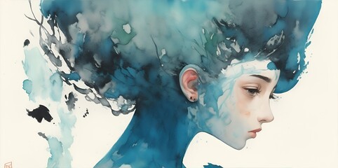 Representação abstrata de problemas com ansiedade, solidão e isolamento. Arte digital estilo aquarela de problema mental. Pintura de distúrbio da mente humana na adolescência.